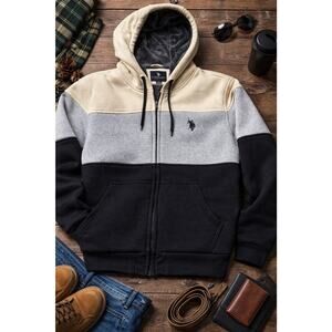 Mens US POLO ASSN Full Zip Faux Fur Lined Gray & Black Hoodie Size Medium M